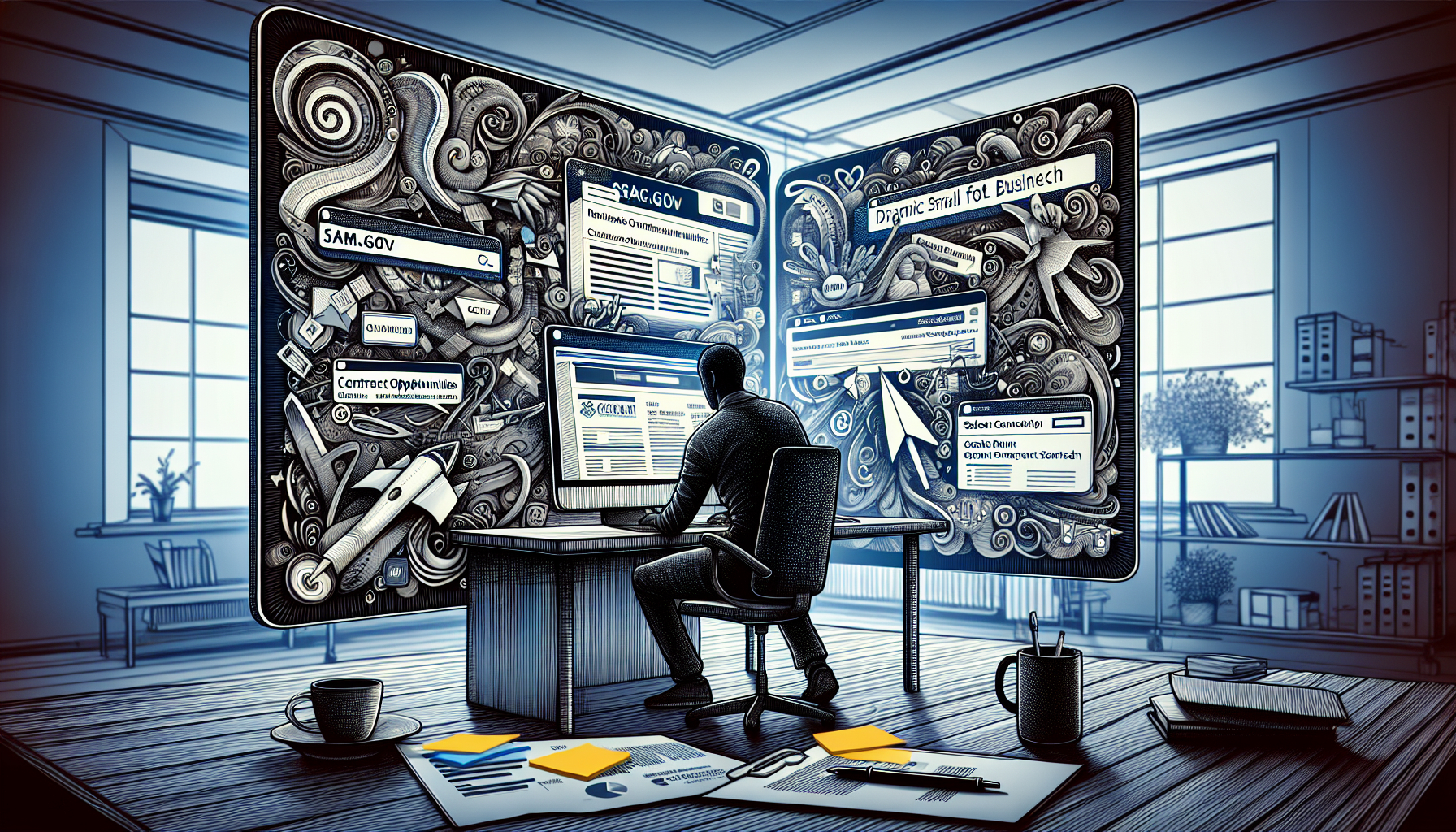 Illustration of a person using a computer to search for contract opportunities