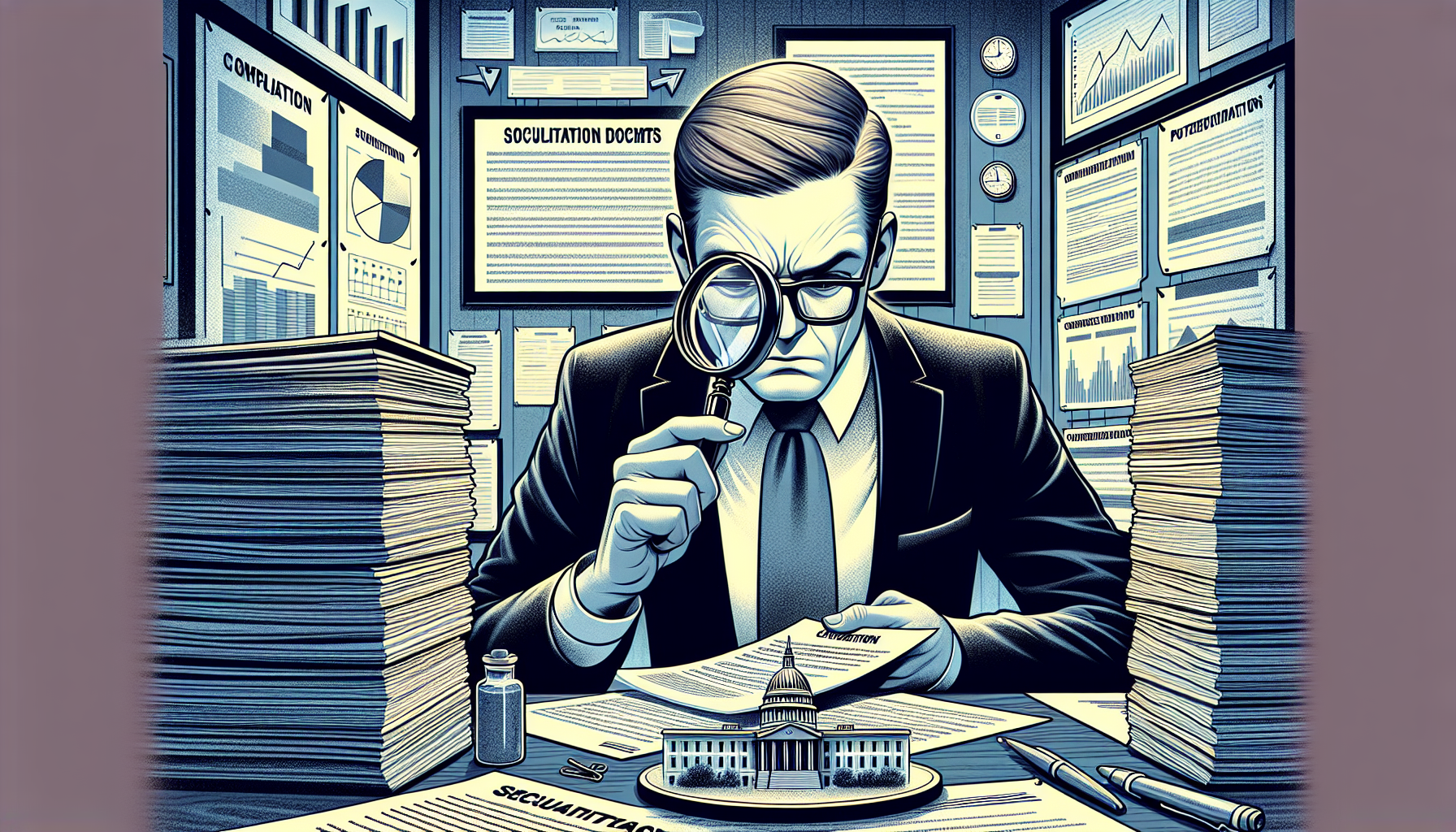 Illustration of a person analyzing solicitation documents and preparing a bid