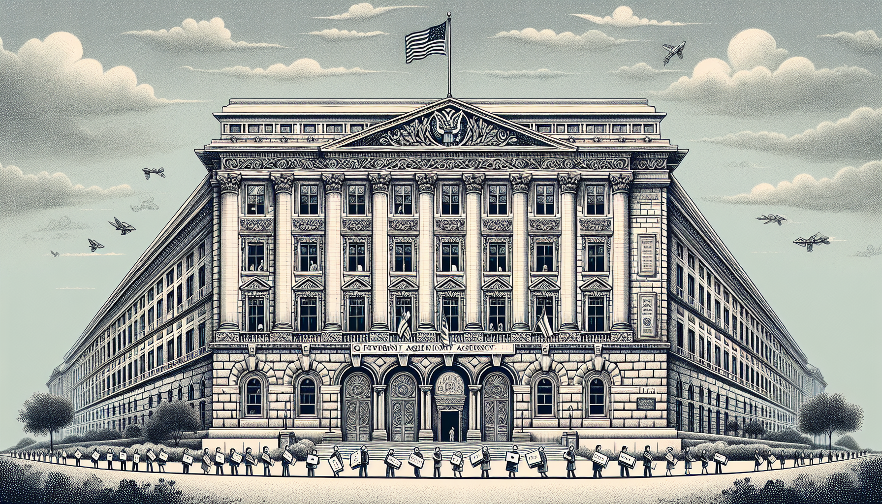 Illustration of a government agency building with the American flag flying outside