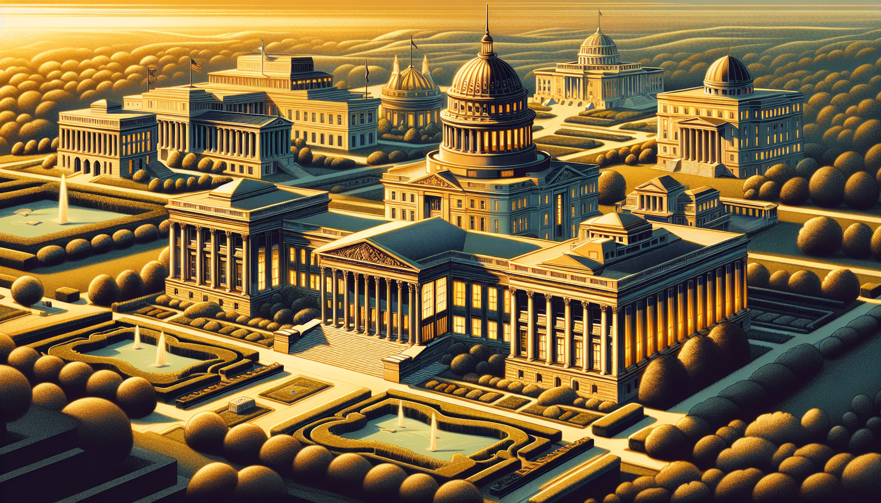 Illustration of a landscape with government buildings symbolizing federal government contracts