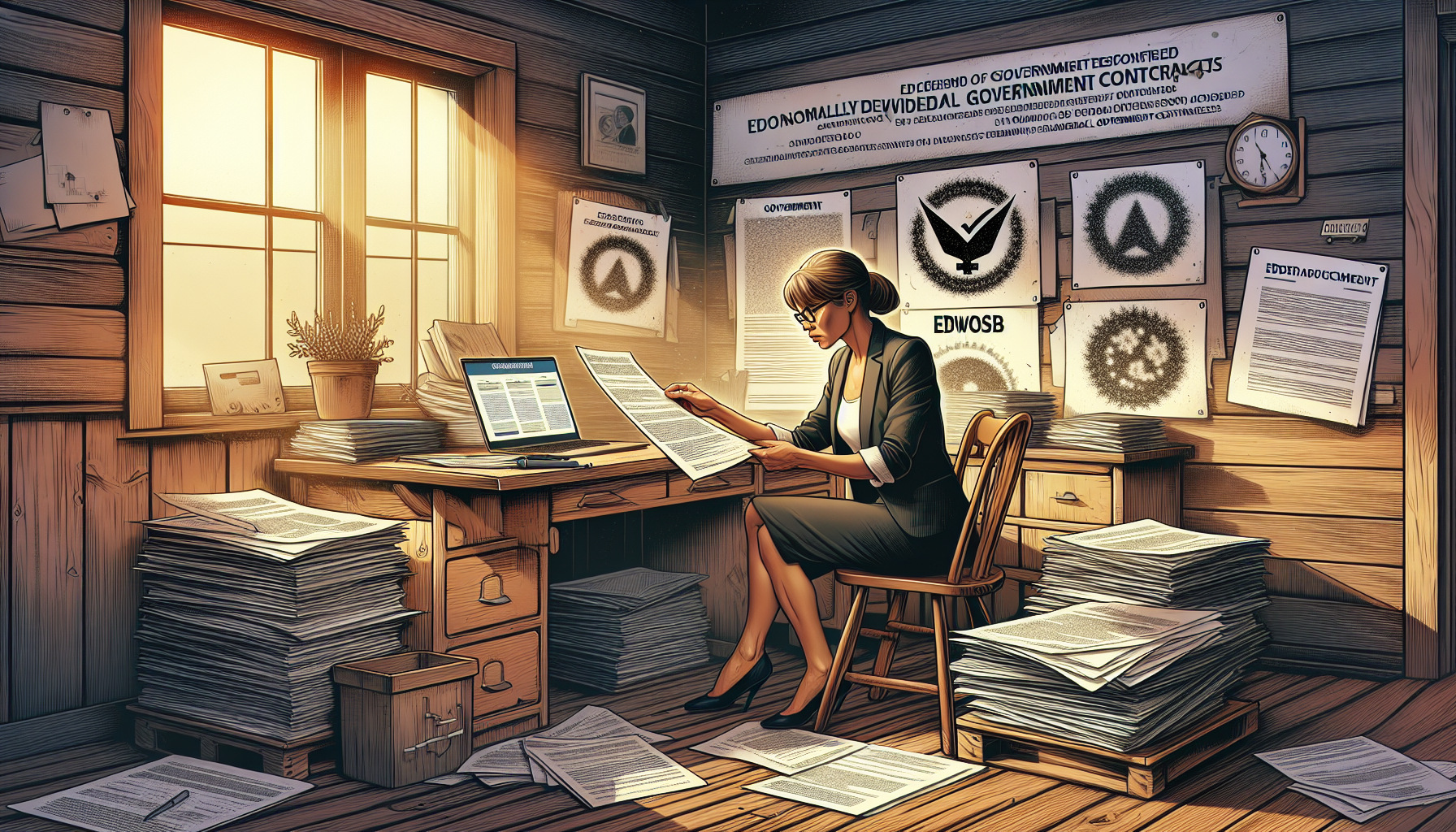 Illustration of a woman-owned small business owner reviewing EDWOSB certification documents