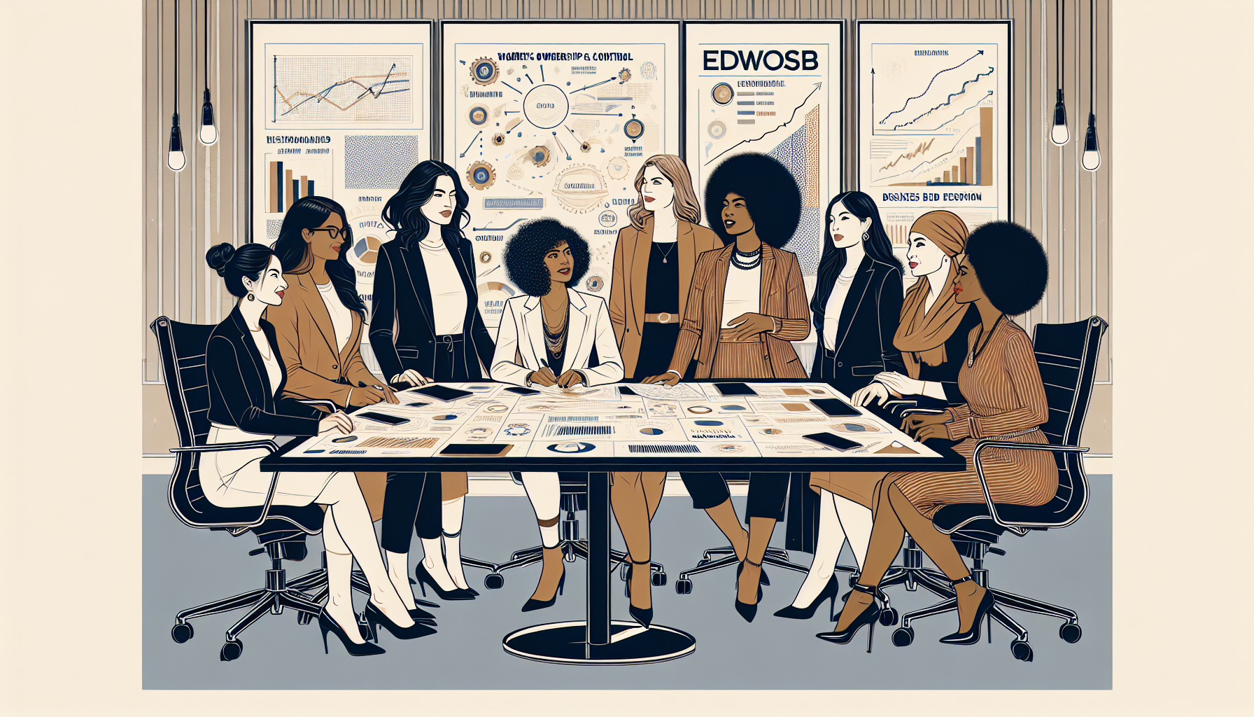 Illustration of a group of diverse women discussing business ownership and control