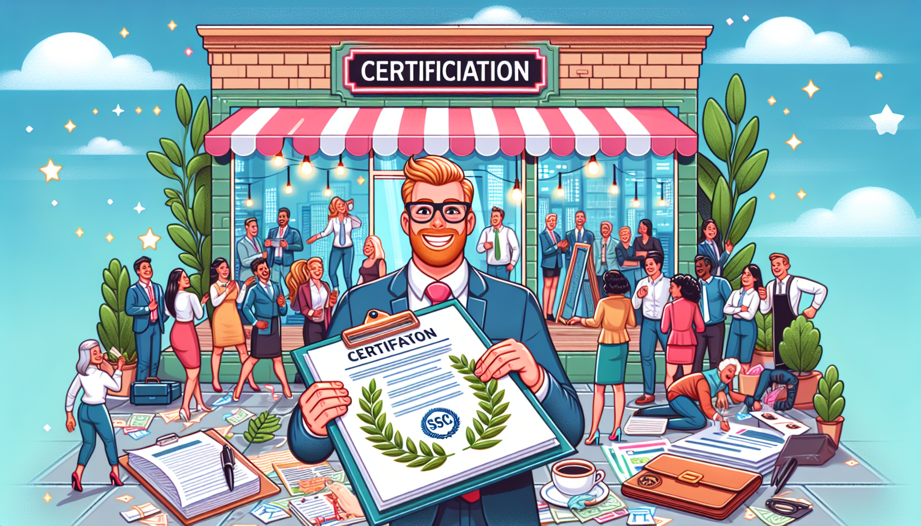 A cartoon illustrating business growth through certification.