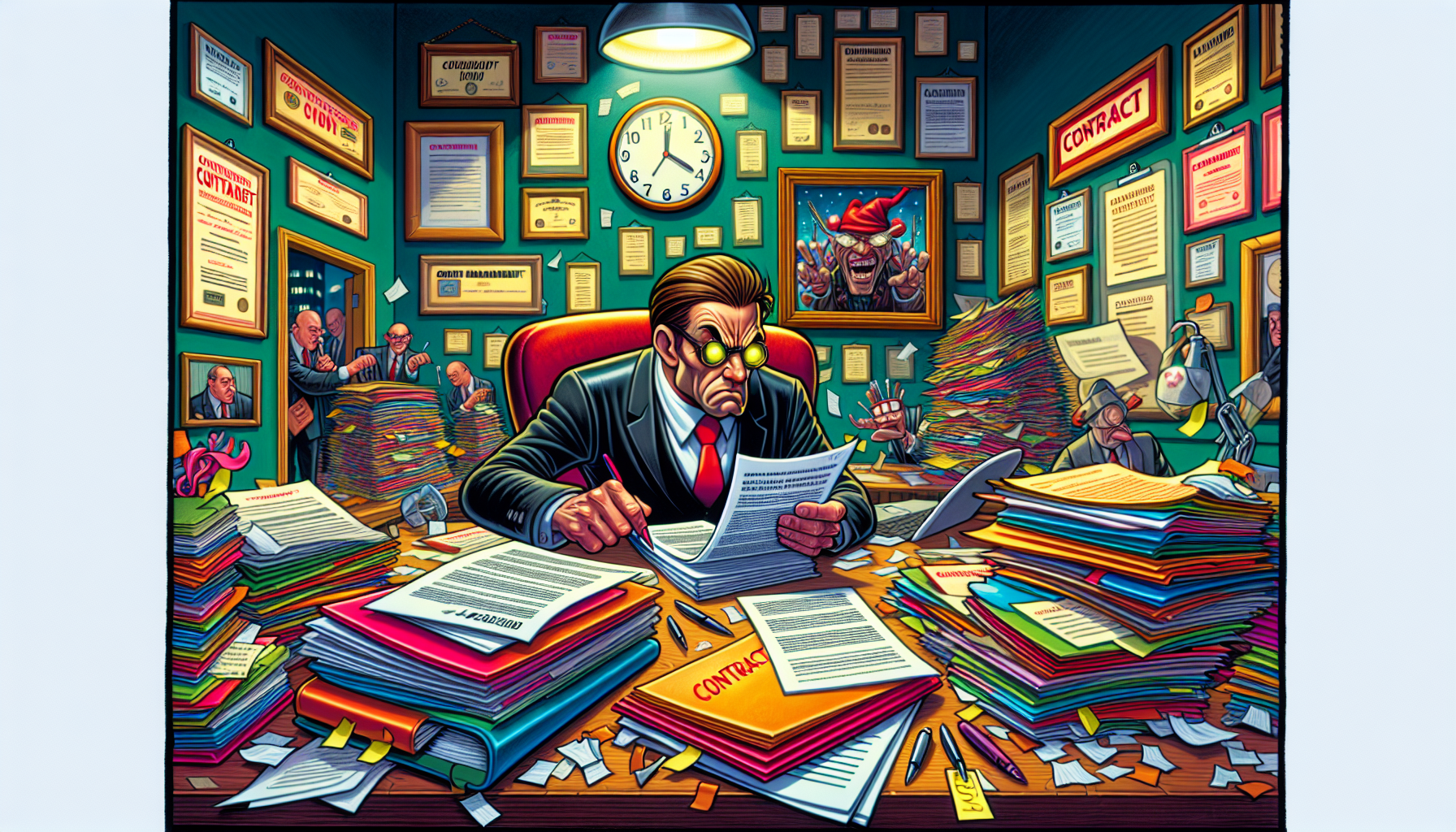 An illustration of a contract management specialist reviewing documents related to government contractor jobs.