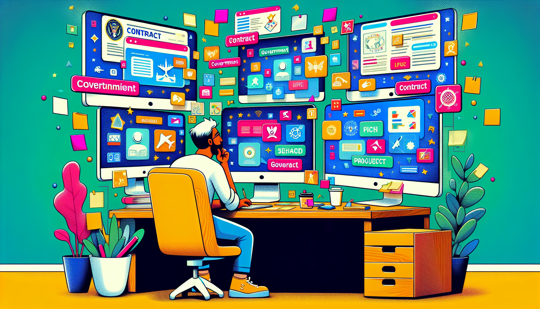 A cartoon of a person navigating through various contract opportunity portals.
