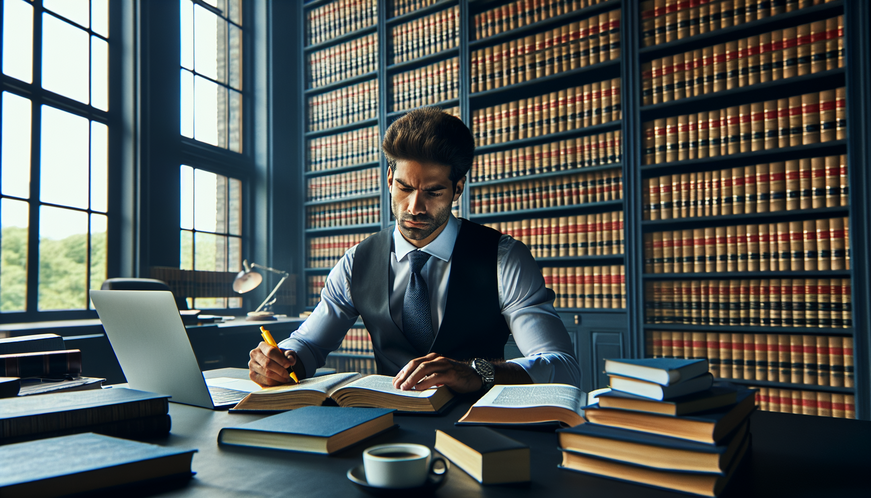 A depiction of a government contracts paralegal reviewing legal documents.
