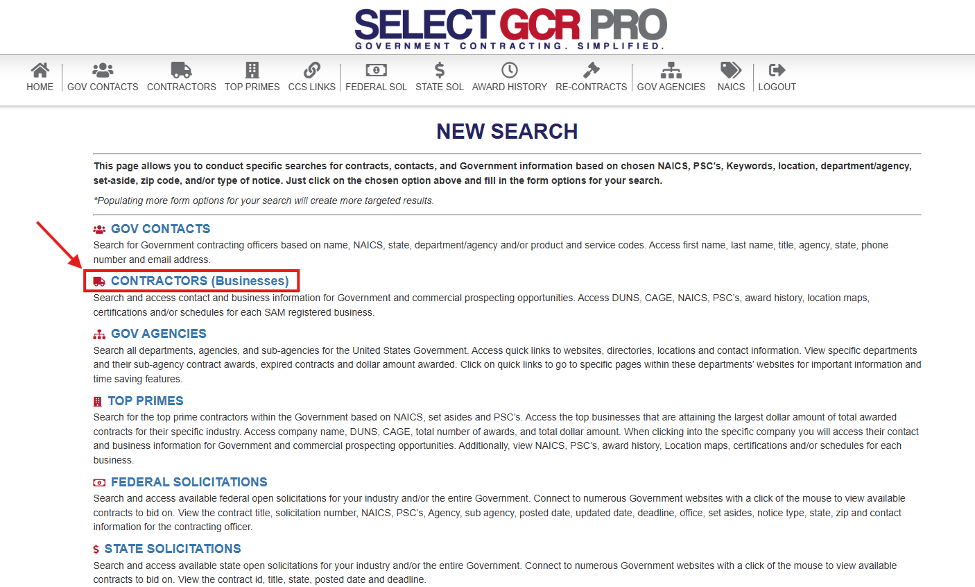 SelectGCR Pro Search Screen Contractors SelectGCR Pro Search Screen Contractors